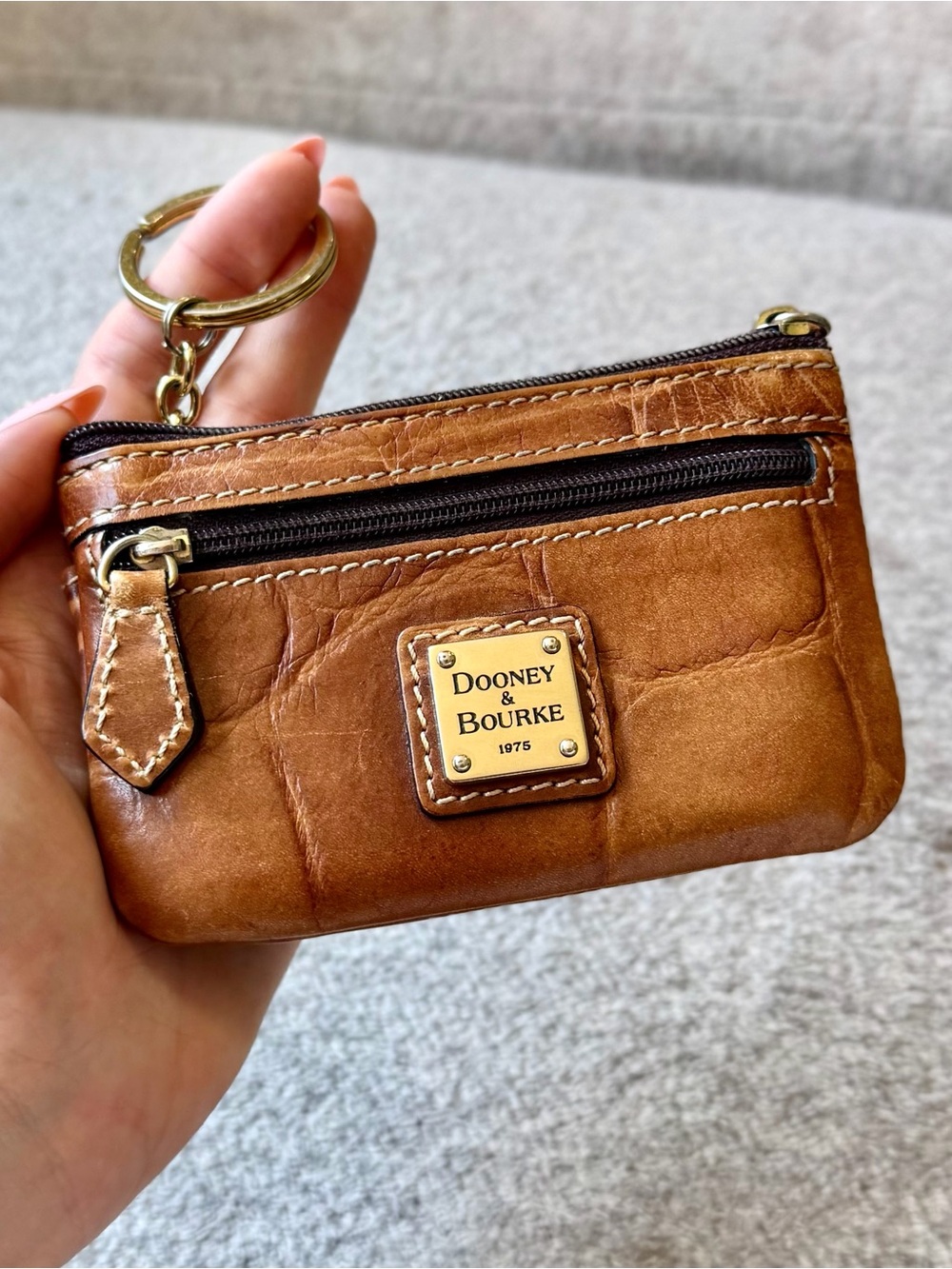 Dooney & Bourke Tan Leather Key Coin Pouch with Gold Hardware